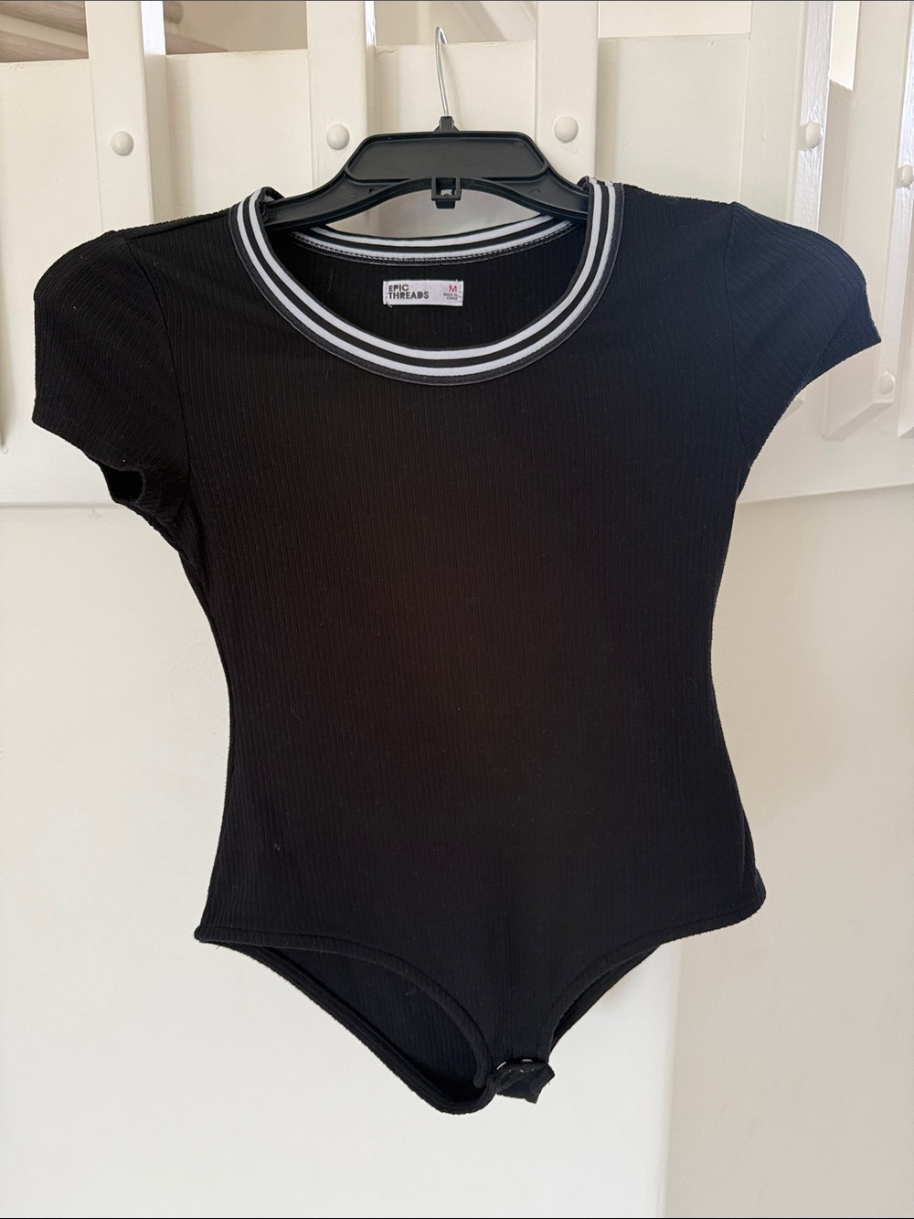 Black Ribbed Kids One-Piece Bodysuit with Striped Neckline